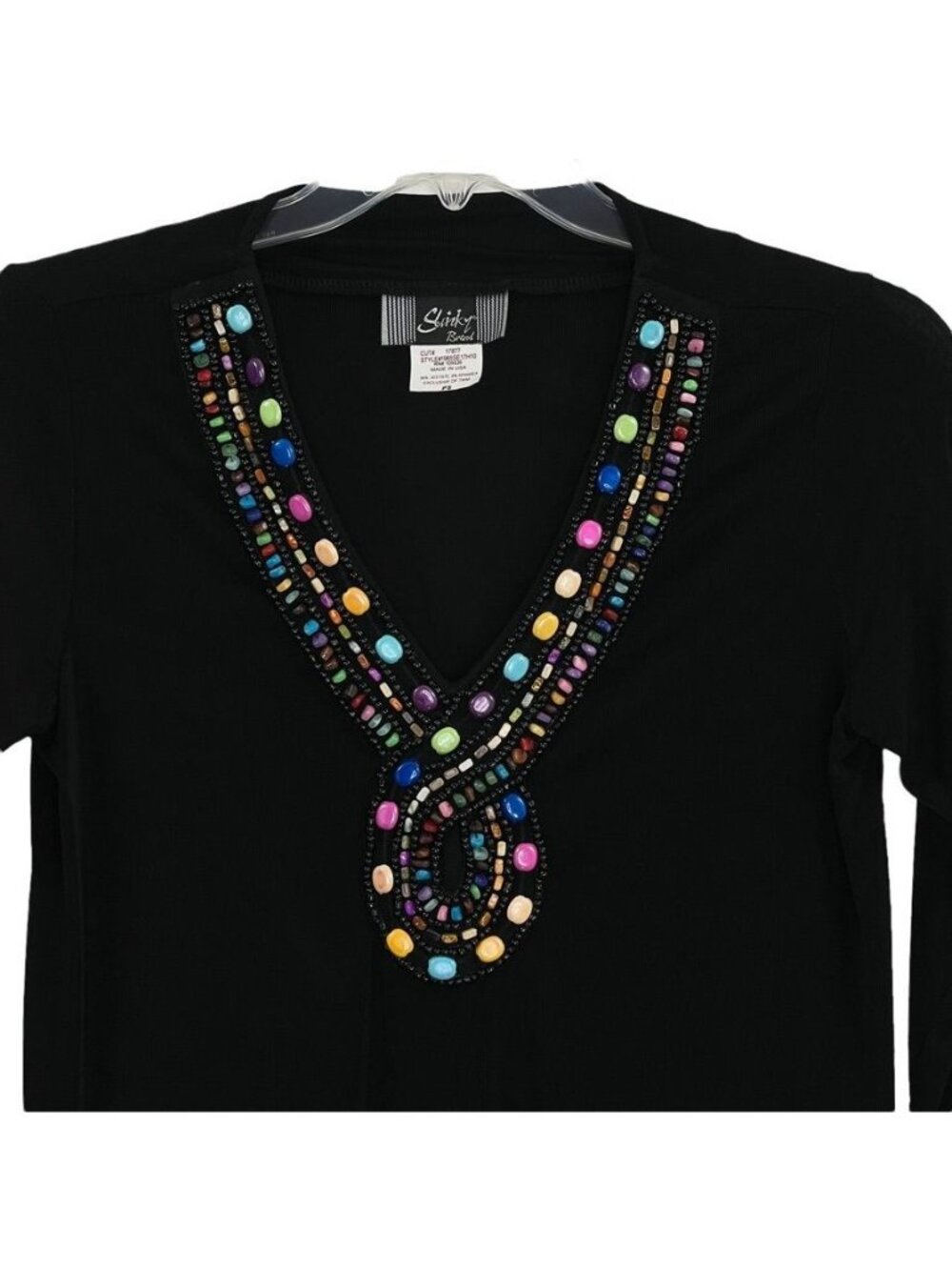 Beaded Tunic Top Womens PS Pullover Stretch 3/4 Sleeves Black Slinky Brand Vtg